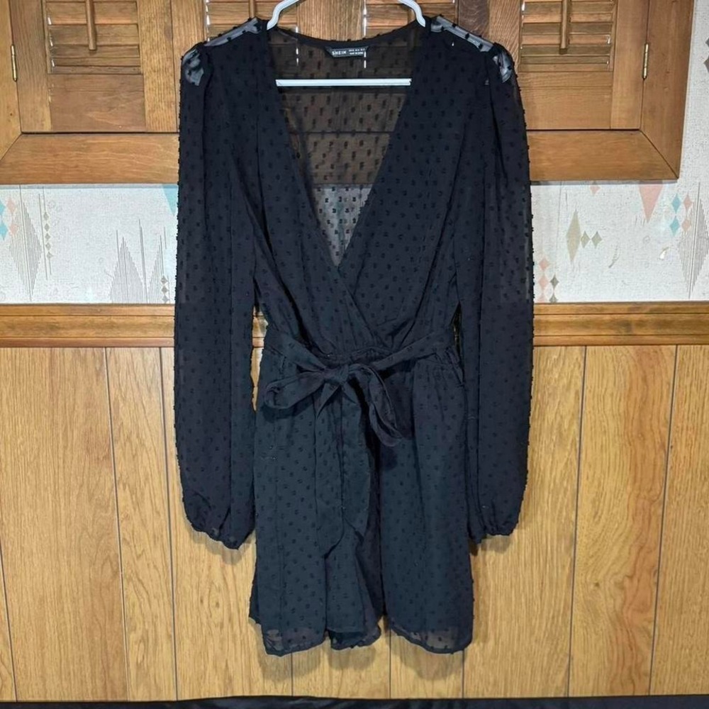Black mesh long‎ sleeve jumpsuit /romper with tie waist Size XL